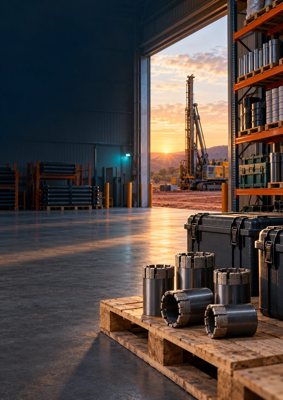 Diamond core bits on a pallet inside a supply warehouse, a drill rig visible through the open door at sunset.